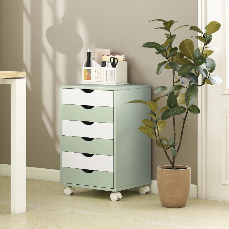 HOMCOM Bloco de Gavetas Móvel Arquivador com 6 Gavetas Suporte para Impressora com Rodas 40x35x63 cm Verde e Branco