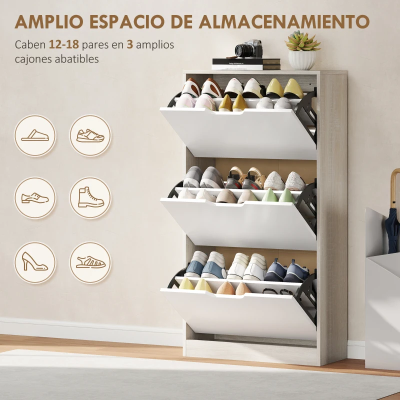 HOMCOM Zapatero Estrecho 3 Puertas Abatibles Zapatero Entrada Recibidor para 18 Pares Zapatos 62,5x26x117,5 cm Roble y Blanco