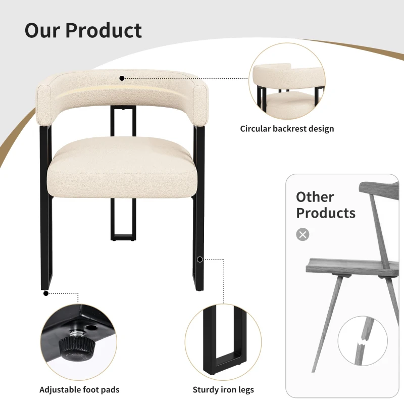 2-Piece Flannel Fabric Dining Chairs with Curved Backrest and Thick Plush Seat, Kitchen Chairs with Metal Legs, 51.5L x 54W x 72H cm, Beige