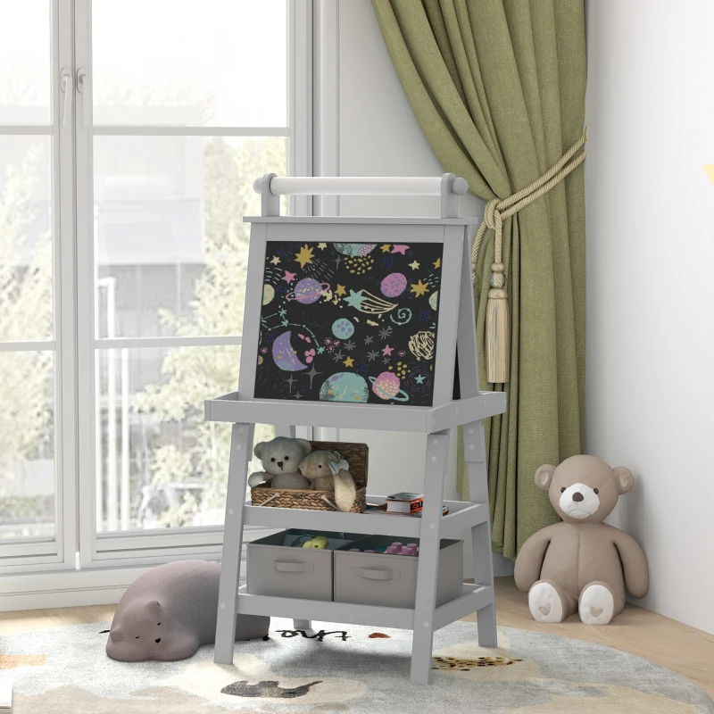 AIYAPLAY Tableau chevalet enfant 3 en 1 avec tableau blanc magnétique, tableau à craie, rouleau papier, 2 paniers, 3-6 ans, gris