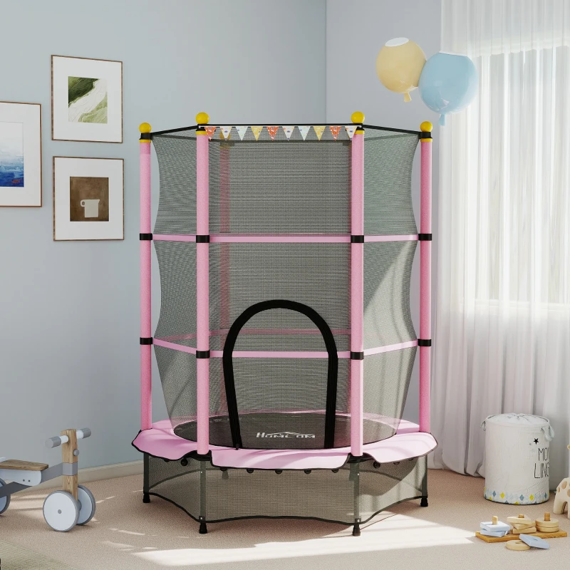 HOMCOM Trampoline Enfant Ø 1,40 × 1,90H m Filet de sécurité Porte zipée Couvre-Ressorts 6 poteaux rembourrés Inclus Rose