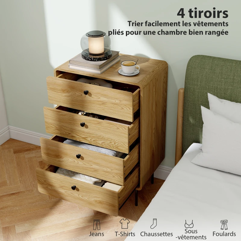 HOMCOM Commode 4 tiroirs, meuble de rangement étroit avec pieds en acier, coins arrondis, 60 x 39 x 91,5 cm, chêne