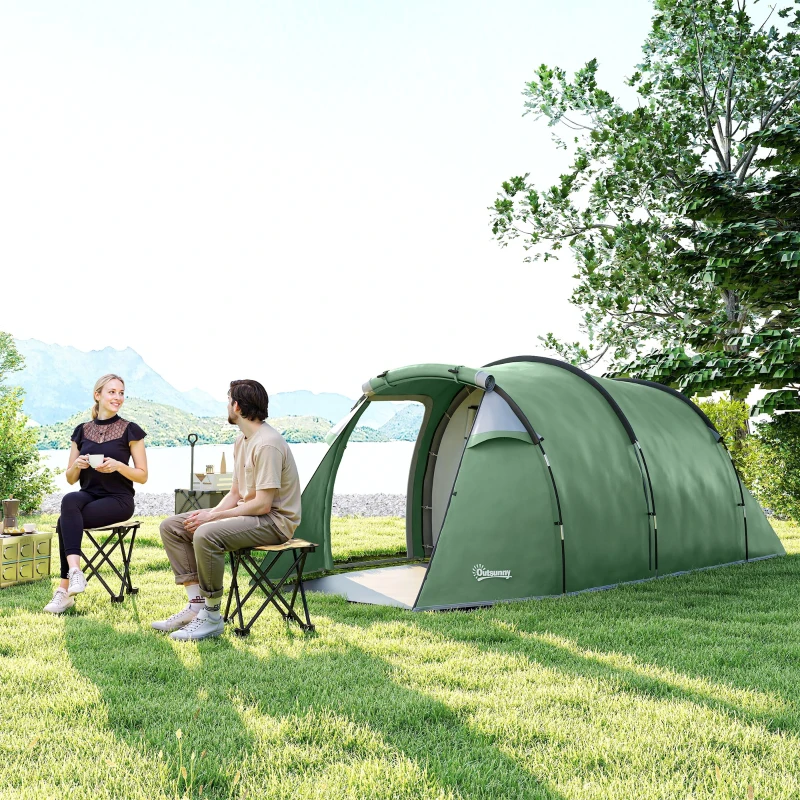 Outsunny Tente de camping familiale 2-3 personnes tente tunnel étanche légère ventilée facile à monter chambre salon 3 portes fenêtres 4,26 x 2,06 x 1,54 m fibre verre polyester PE vert