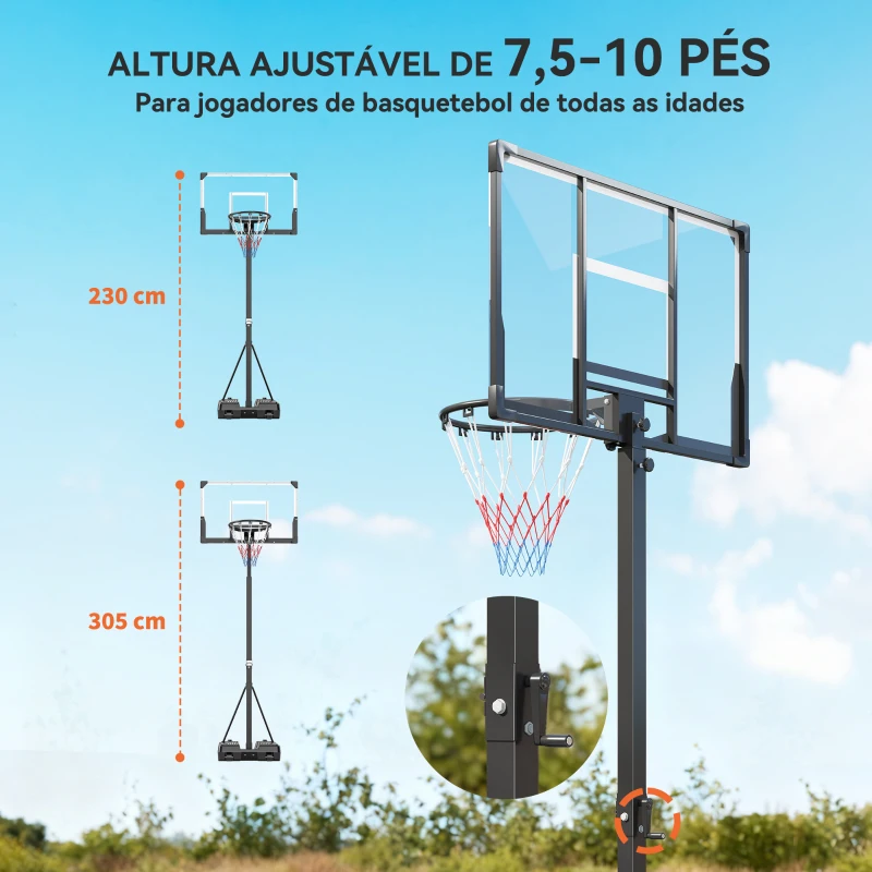 SPORTNOW Tabela de Basquetebol para Exterior com Altura Ajustável Portátil Estrutura Dobrável Painel Inquebrável Rodas e Base Preenchível 120x70x300-375 cm Preto