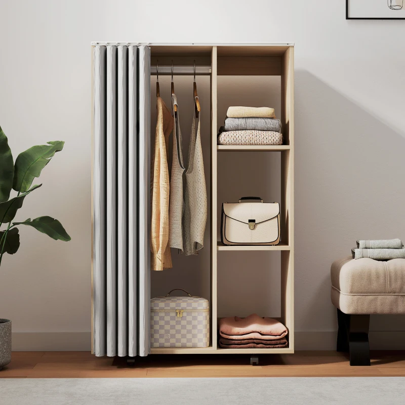 HOMCOM Armário Closet Móvel 4 Rodízios Varão para Roupas e Prateleiras 80x40x128cm Efeito Madeira Natural