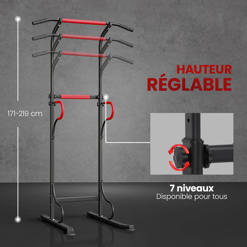 HOMCOM Station de musculation multifonctions barre de traction chaise romaine hauteur réglable acier noir rouge(m-5)