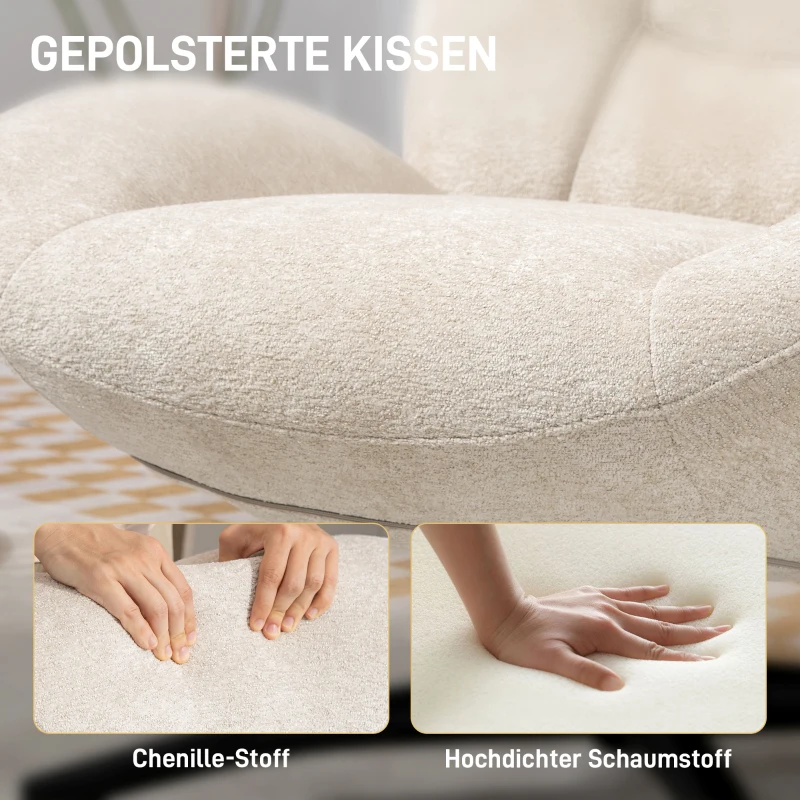 Fotel HOMCOM, Obrotowy o 360°, Lounge z Szerokim Siedziskiem, Zintegrowane Podłokietniki, Gruba Tapicerka, Fotel Relaksacyjny z Chenille, z Krzyżującymi się Nogami ze Stali, do Salonu, Kremowy