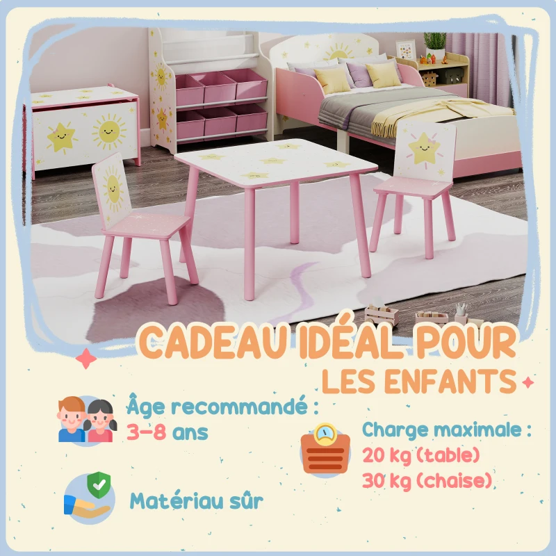 AIYAPLAY Table enfant avec chaise, ensemble table et 2 chaises enfant en bois, motifs d'étoile, 60 x 60 x 44 cm, rose