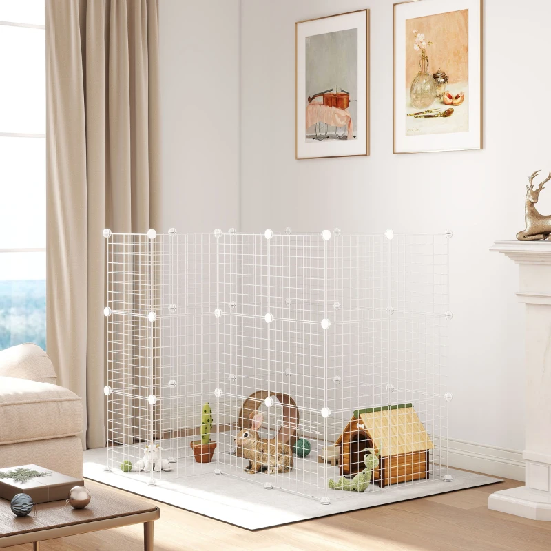 PawHut Recinto per Animali Domestici Piccoli con 36 Pannelli di Metallo Modulabili con Porta, Bianco