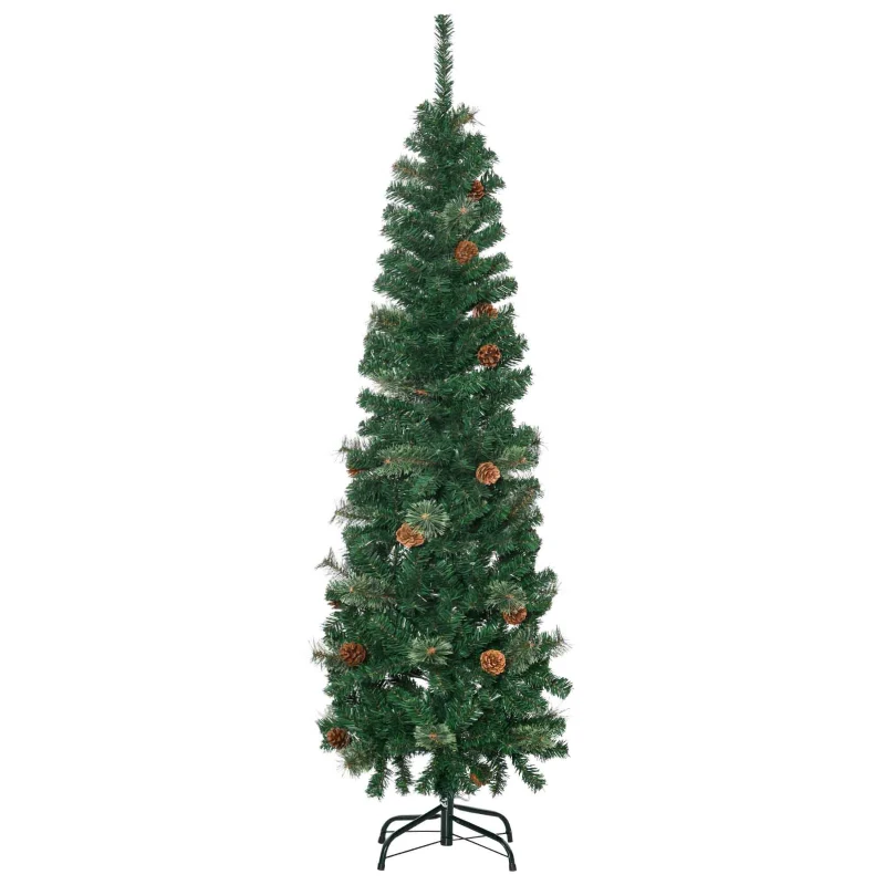 HOMCOM Künstlicher Weihnachtsbaum, schlank, Tannenzapfen, flammenhemmend, 46 x 165 cm, Grün