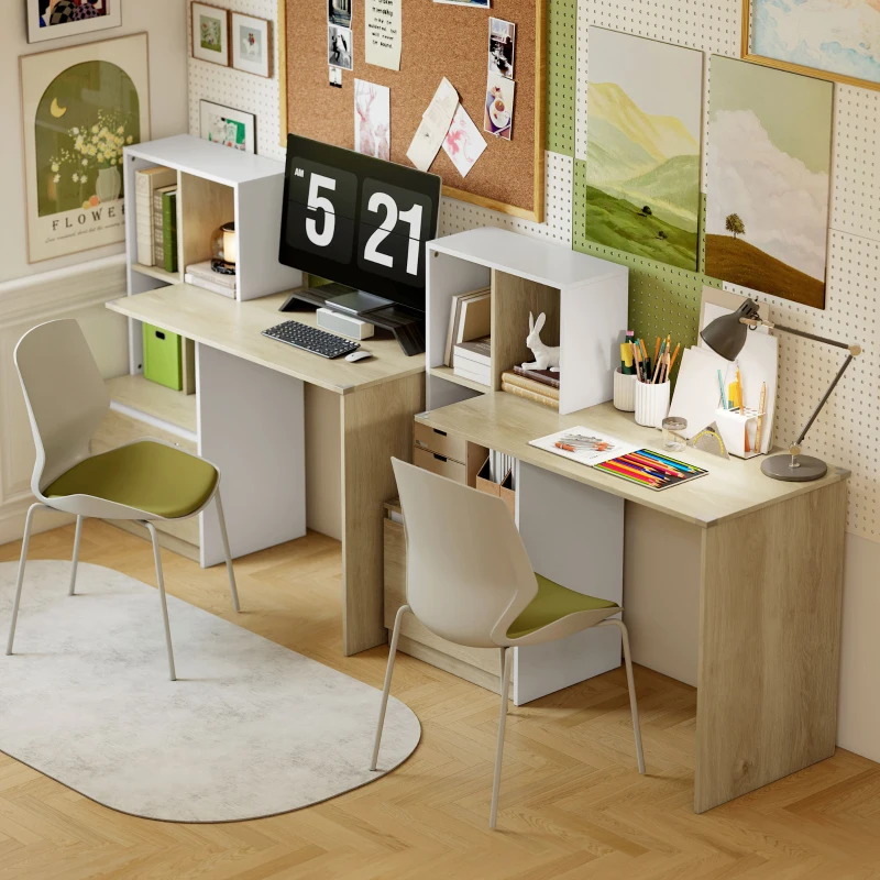 HOMCOM Secretária para Computador com Estante de 4 Compartimentos e Gaveta Trancável 126x50x109 cm Carvalho e Branco