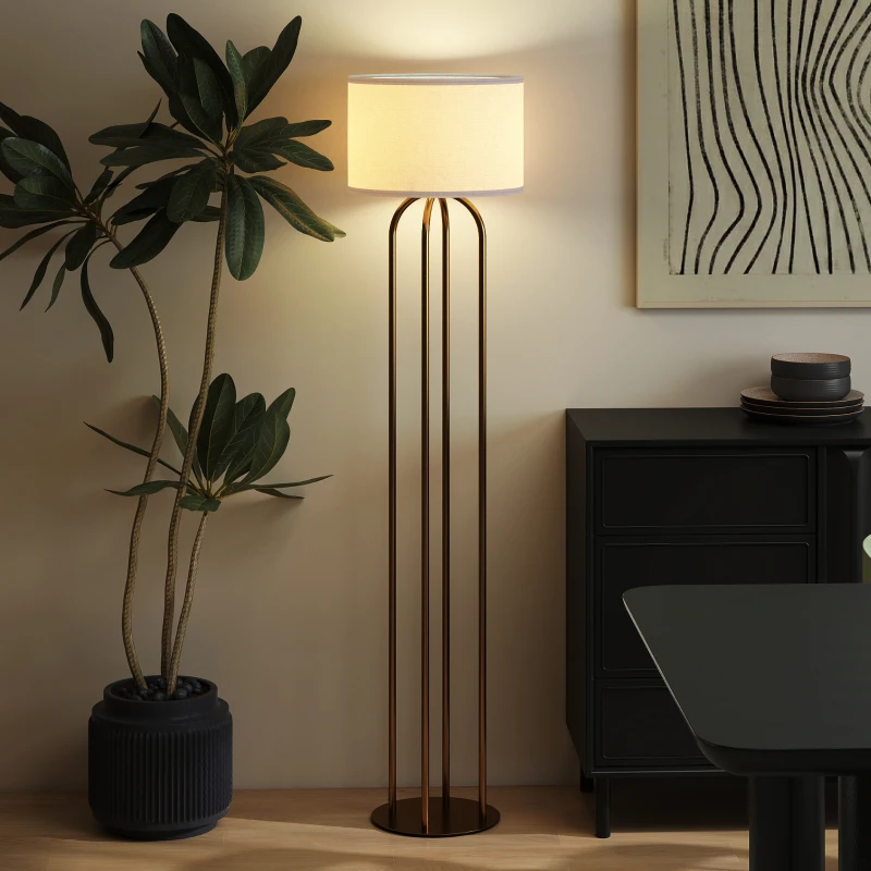 HOMCOM Lampadaire sur pied de salon, lampe sur pied avec abat-jour en lin et interrupteur à pied, Ø 38 x 161 cm, doré et beige