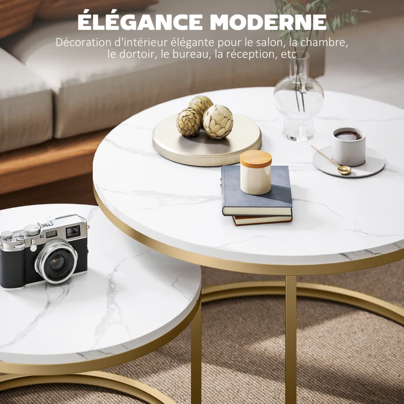 HOMCOM Lot de 2 tables basses gigognes empilable design industriel plateau imitation ciment pieds en métal blanc