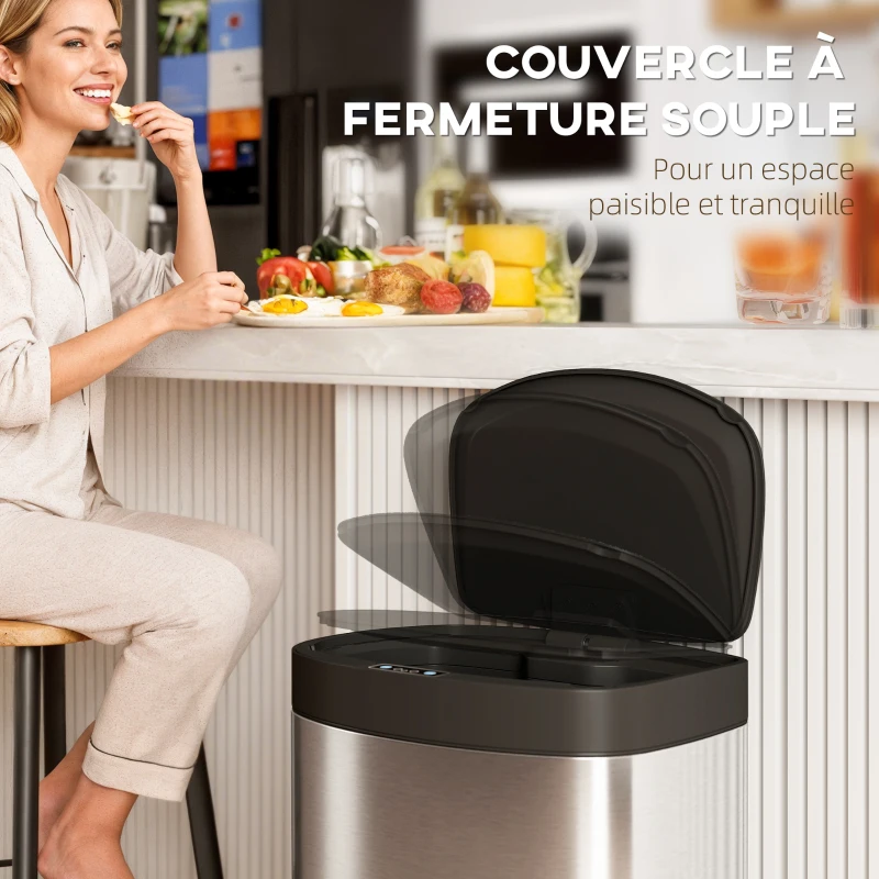 HOMCOM Poubelle cuisine automatique 55L en acier inoxydable, poubelle à couvercle à fermeture en douceur, 38x28,5x69cm, argent