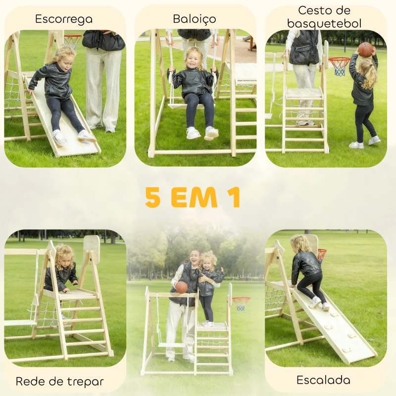 AIYAPLAY Escorrega Infantil 5 em 1 Estrutura de Escalada de Madeira com Escorrega Baloiço Cesto de Basquetebol 140x172,5x116,5 cm Madeira