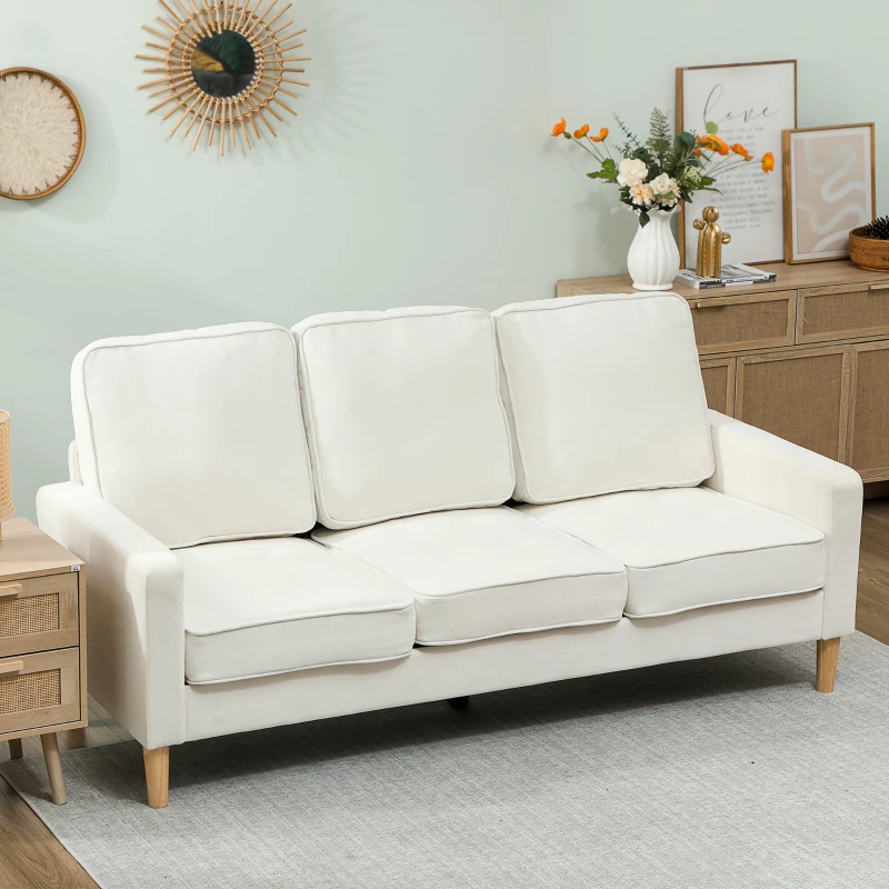 HOMCOM Canapé 3 places en velours, design moderne, coussins épais, pieds en bois d'hévéa, 185 x 79 x 82 cm, crème