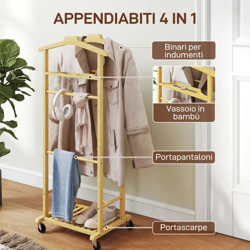 HOMCOM Servomuto 4 in 1 a Rotelle con 2 Aste, Vassoio Svuota Tasche e Ripiano per Scarpe, in Bambù, 47x33.7x105.5 cm