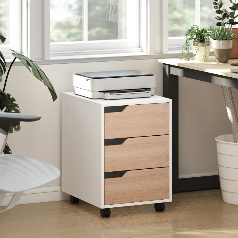HOMCOM Caisson bureau mobile, meuble rangement bureau sur roulettes, 3 tiroirs, 40x50x57,5cm, blanc et chêne