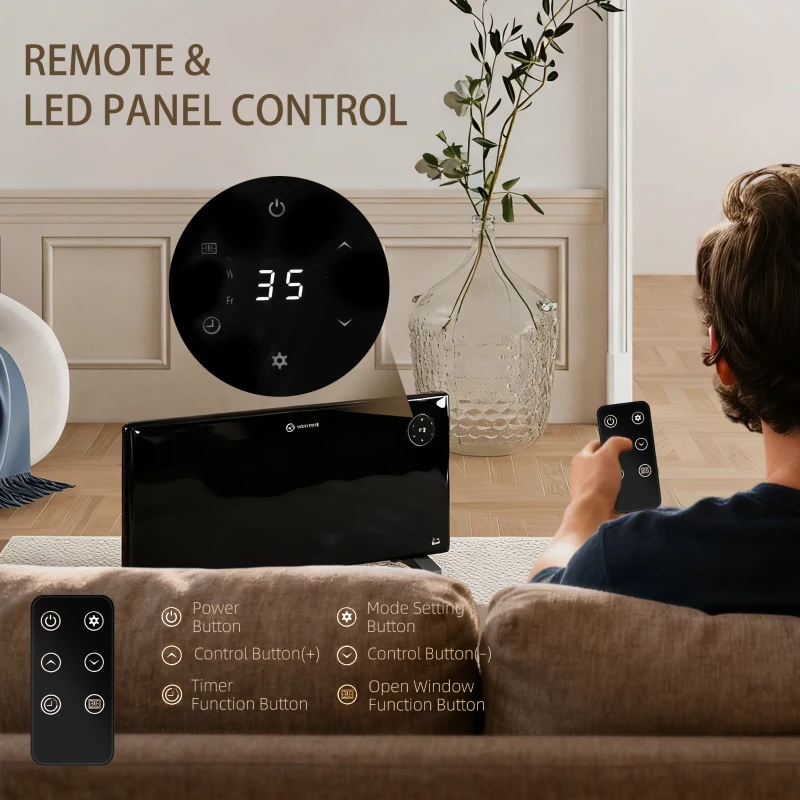 HOMCOM 2000W Electric Convector Heater, Freestanding or Wall Mounted, Space Heater with Adjustable Thermostat, Timer, Black