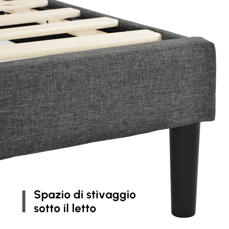 Letto Singolo con Rete a Doghe e Imbottito Testiera, Tessuto in Lino, Design Moderno, senza Materasso, 209x96x111 cm, Grigio Scuro