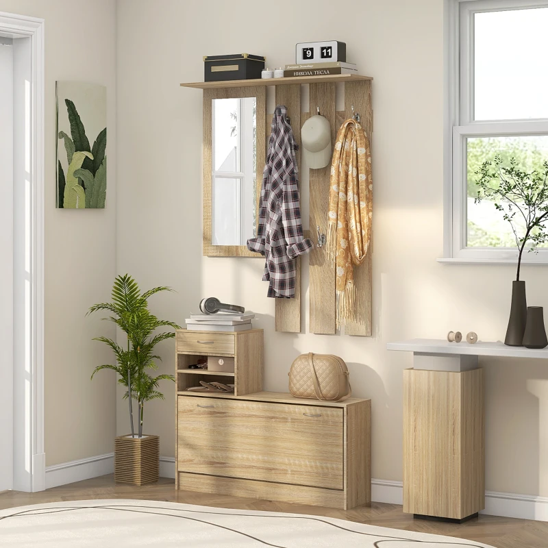 HOMCOM Móvel de Entrada Painel Porta-Casacos Espelho e Banco para Sapatos 6 Ganchos 90x10x91cm Efeito Madeira Natural