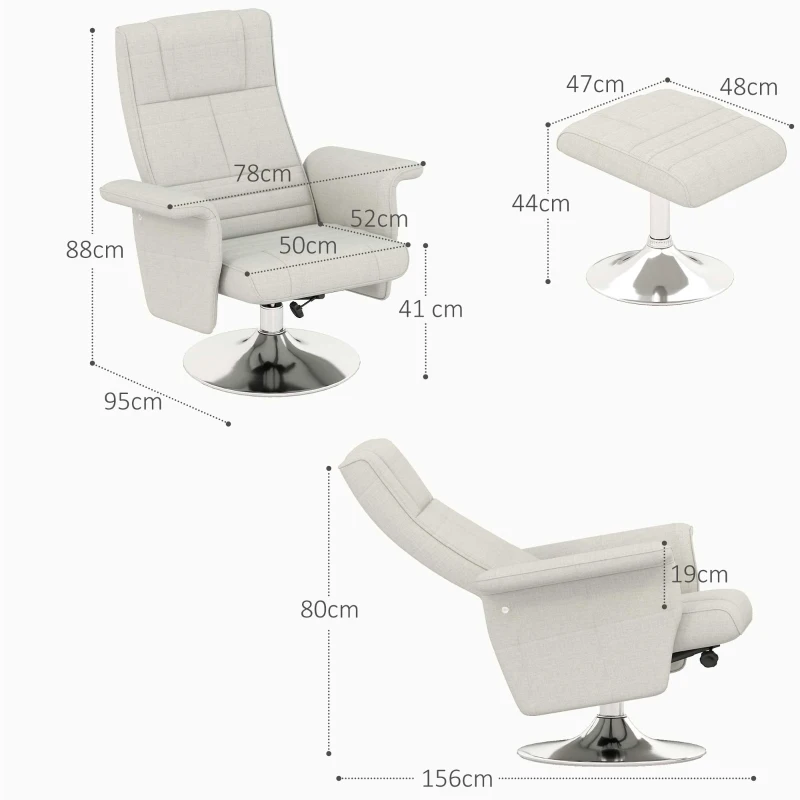 HOMCOM Poltrona Relaxante Massagem com Puff Poltrona de Tv com Encosto Reclinável Assento Giratório a 360° 78x95x88 cm Creme