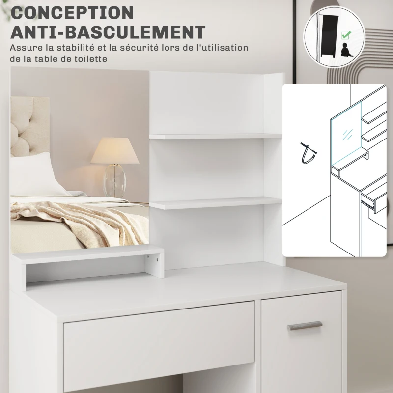 HOMCOM Toucador de Maquilhagem com Espelho e Banco Gaveta Armário com Prateleira Ajustável para o Quarto 80x40x132 cm Branco