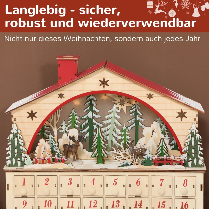 HOMCOM Adventskalender zum Befüllen 24 Schubladen Fächer Weihnachtskalender mit LED-Lichtern Naturholz 36 x 10 x 34 cm