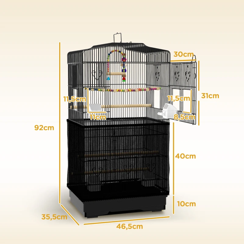PawHut Cage pour oiseaux avec poignée, plateau extractible, perchoirs en bois, balançoire et gamelles, 46.5x35.5x92cm, Noir