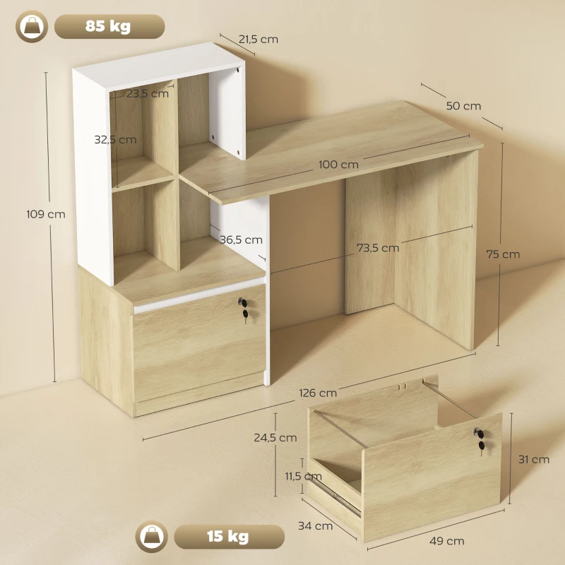 HOMCOM Secretária para Computador com Estante de 4 Compartimentos e Gaveta Trancável 126x50x109 cm Carvalho e Branco