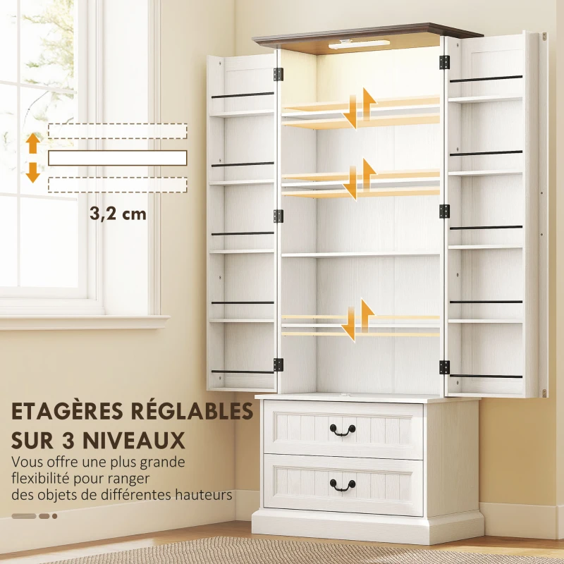 HOMCOM Buffet haut cuisine, armoire de cuisine, LED à capteur, 2 portes, tiroirs et étagères réglables, 76x39,5x183cm, blanc(m-6)