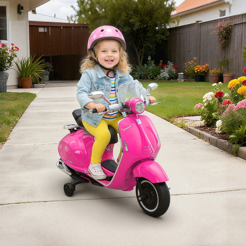HOMCOM Vespa scooter électrique enfants, moto électrique enfants 6 V avec musique, klaxon, phare, 108x49x75cm, rose(m-10)