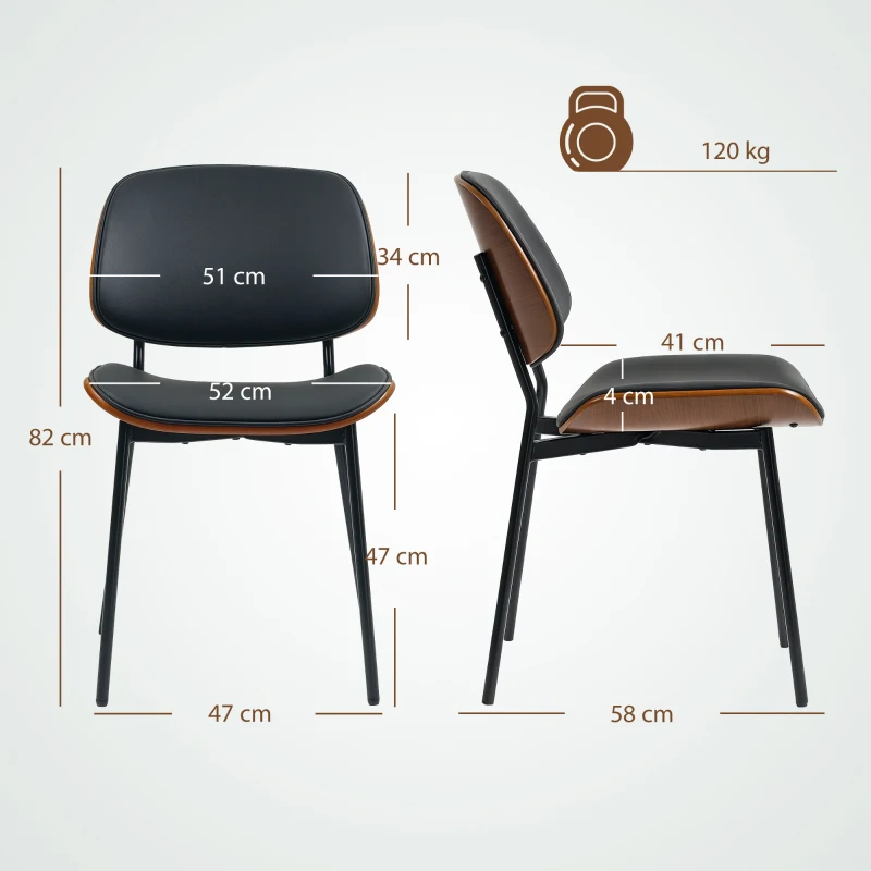 HOMCOM Lot de 2 chaises de salle à manger, style rétro classique, cadre en bois courbé, pour salon, chambre, cuisine, noir