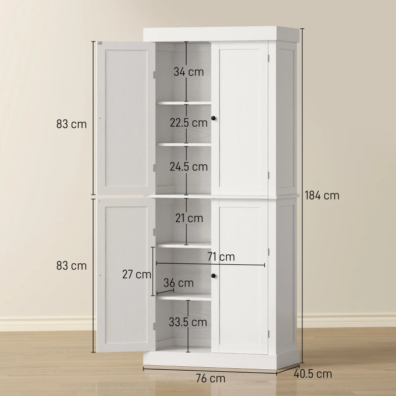 HOMCOM Dulap Înalt de Bucătărie cu 6 Rafturi și 2 Uși, Dulap cu Rafturi Reglabile din Lemn, 76x40,5x184 cm, Alb