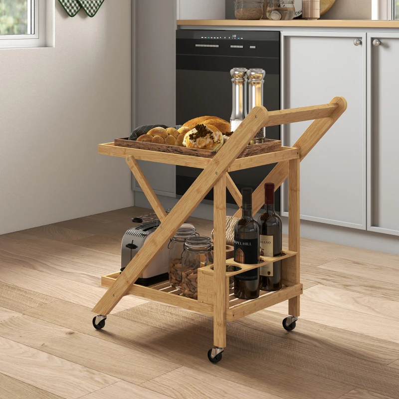 HOMCOM Carrinho de Cozinha em Bambu 2 Tabuleiros 4 Rodas 3 Compartimentos para Vinho 66x40x70 cm Madeira Natural
