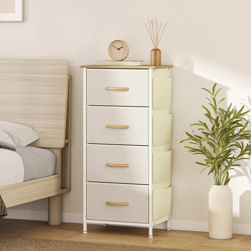 HOMCOM Commode 4 tiroirs en tissu, meuble de rangement avec 4 poches, 2 crochets, structure en acier, 45 x 30 x 94,5 cm, beige