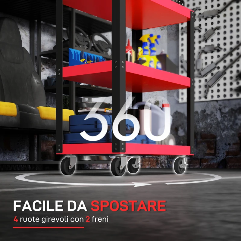 HOMCOM Carrello Porta Attrezzi a 3 Ripiani in Metallo e PP, 70.5x35x82.5 cm, Rosso e Nero