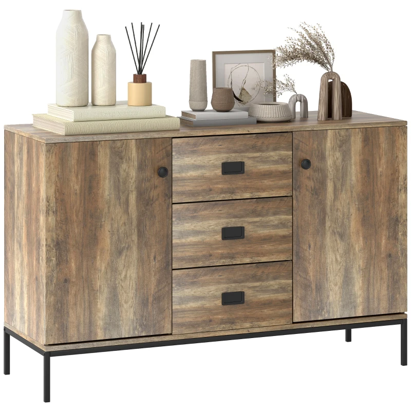 HOMCOM Aparador para Sala de Arrumação 2 Armários Prateleira Ajustável 3 Gavetas Estilo Contemporâneo 120x39,5x77 cm