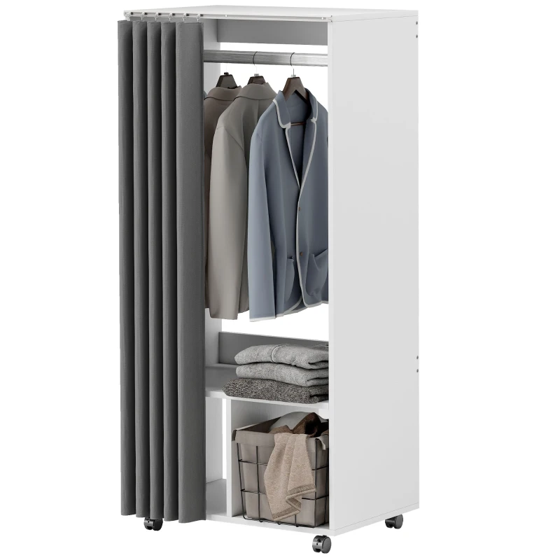 HOMCOM Roupeiro Armário de Arrumação Móvel com Cortina Tringle de Suspensão 60x40x128 cm Branco