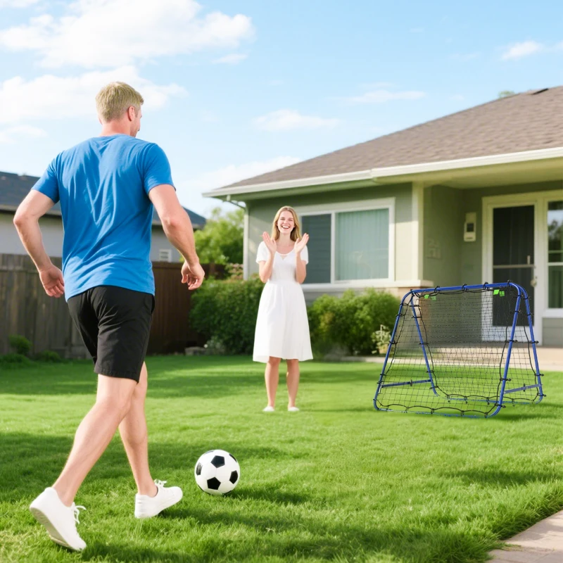 HOMCOM Filet de rebond double face 91 x 91 cm filet de rebond football pliable réglable dans 5 angles structure en acier bleu