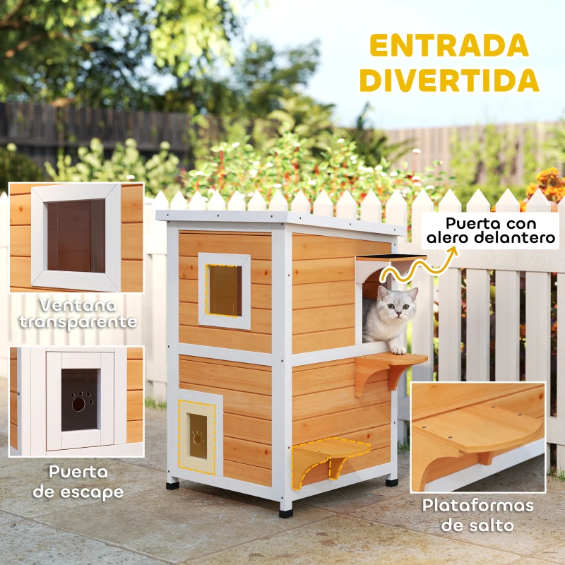 PawHut Caseta para Gatos de Madera Exterior de 2 Niveles con Techo Abatible Panel Central Extraíble 51x51x81,3 cm Natural