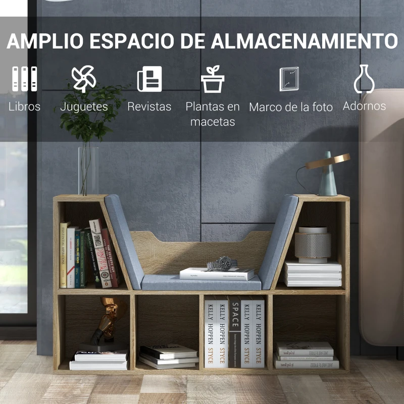 HOMCOM Librería con Asiento Estantería de Libros con 6 Cubos Cojín para Sala de Estar Dormitorio 102x30x61cm Roble y Gris