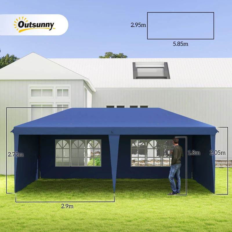 Outsunny Gazebo Pieghevole 6x3 m Pop-up con 4 Pannelli Laterali Rimovibili Tendone da Giardino con 2 Finestre e Borsa di Trasporto Azul
