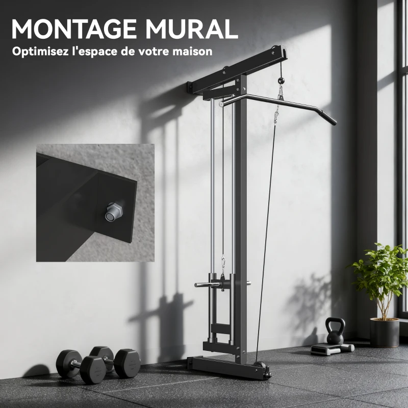 SPORTNOW Appareil de musculation mural, station de traction, poulie haute et basse, 2 poulies, en acier, 75 x 16 x 192 cm, noir