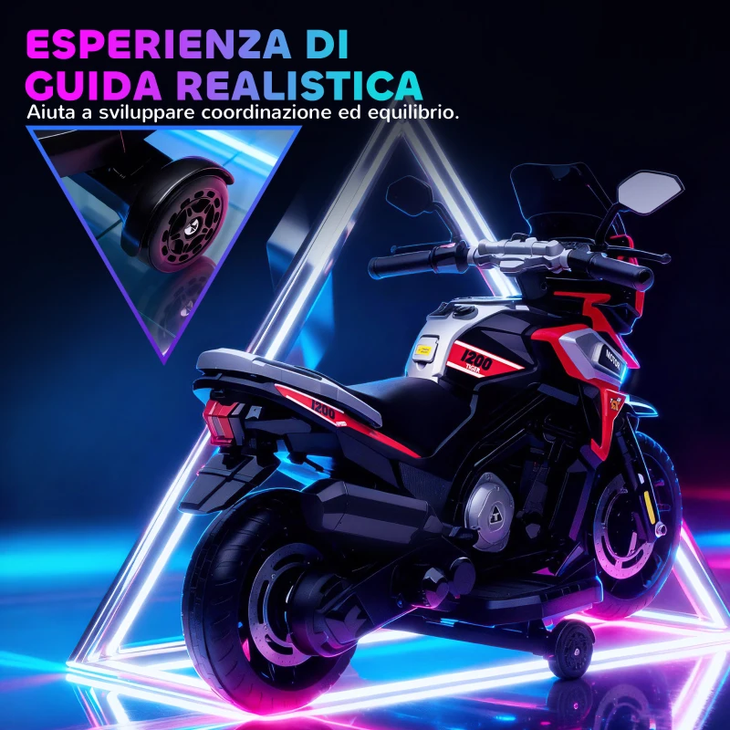 AIYAPLAY Moto Elettrica per Bambini con Rotelle, Specchietti e Poggiapiedi, in PP e Metallo, 85.5x44.5x56 cm, Rosso