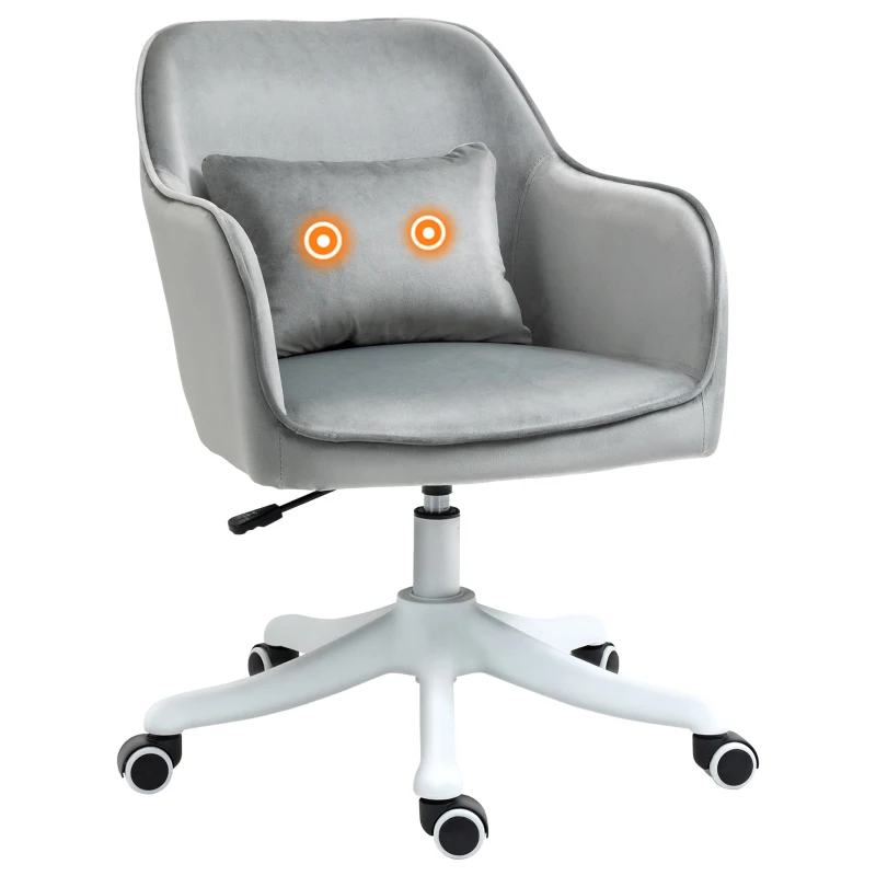 HOMCOM Chaise de bureau velours fauteuil bureau massant coussin lombaire intégré hauteur réglable pivotante 360° gris clair