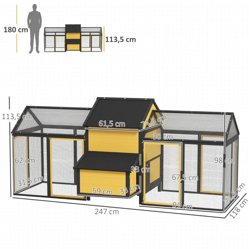 PawHut Hühnerstall Kleintierstall 2 Außengehege, 1 Nistkasten, 2 Rampen,Asphaltdach, wetterbeständig, Gelb(m-3)