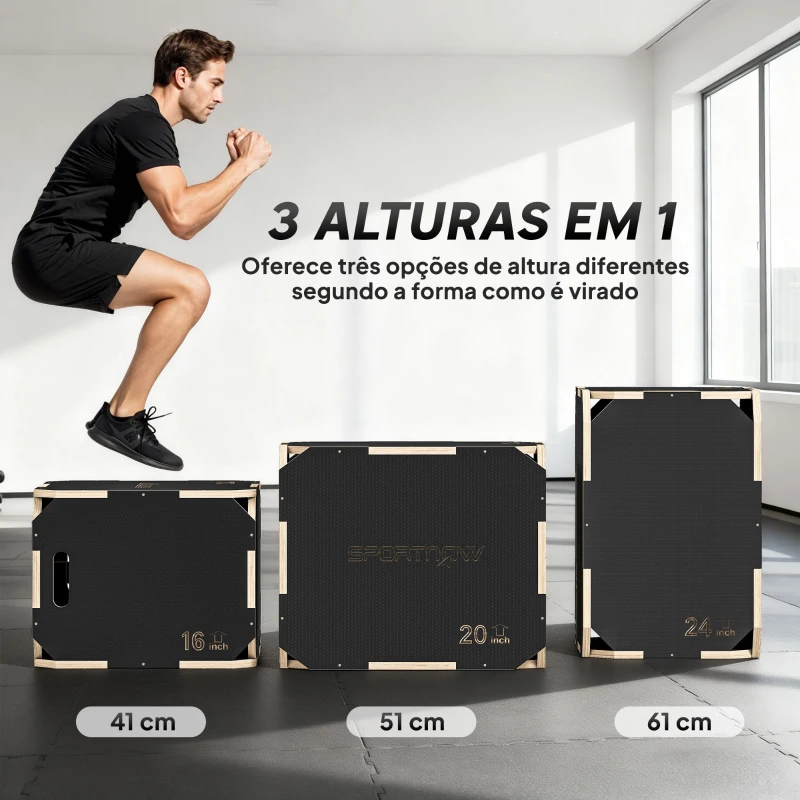SPORTNOW Caixa Pliométrica de Madeira com 3 Alturas Diferentes para Treino de Salto Força em Casa Ginásio e Exterior 61x51x40,5 cm Preto