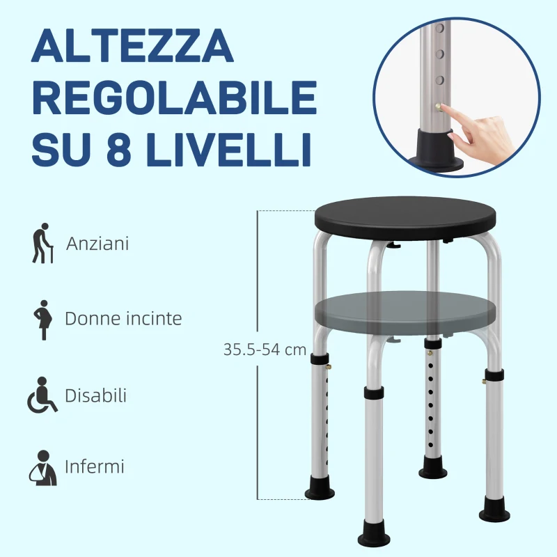 HOMCOM Sgabello da Doccia Antiscivolo e Regolabile su 8 Altezze, in Alluminio e PE, 32.5x41x35.5-54 cm, Nero