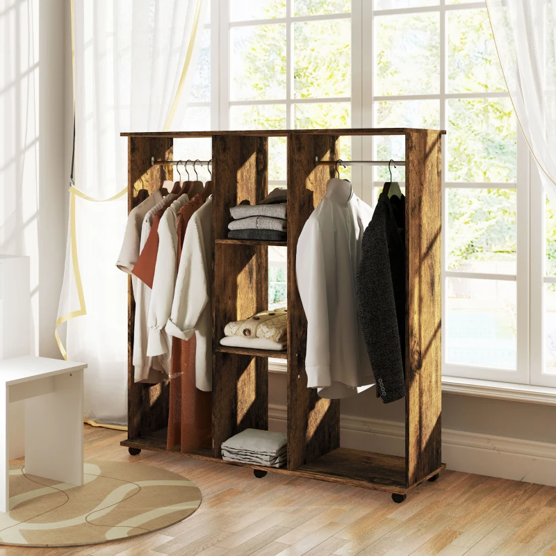 HOMCOM Armoire penderie meuble de rangement mobile 6 roulettes 120 x 40 x 128 cm en bois marron